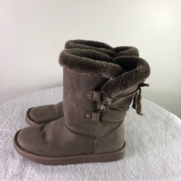 POP women’s memory foam mid calf faux fur lined pull on boots Sz 7M tie detail - Picture 3 of 7